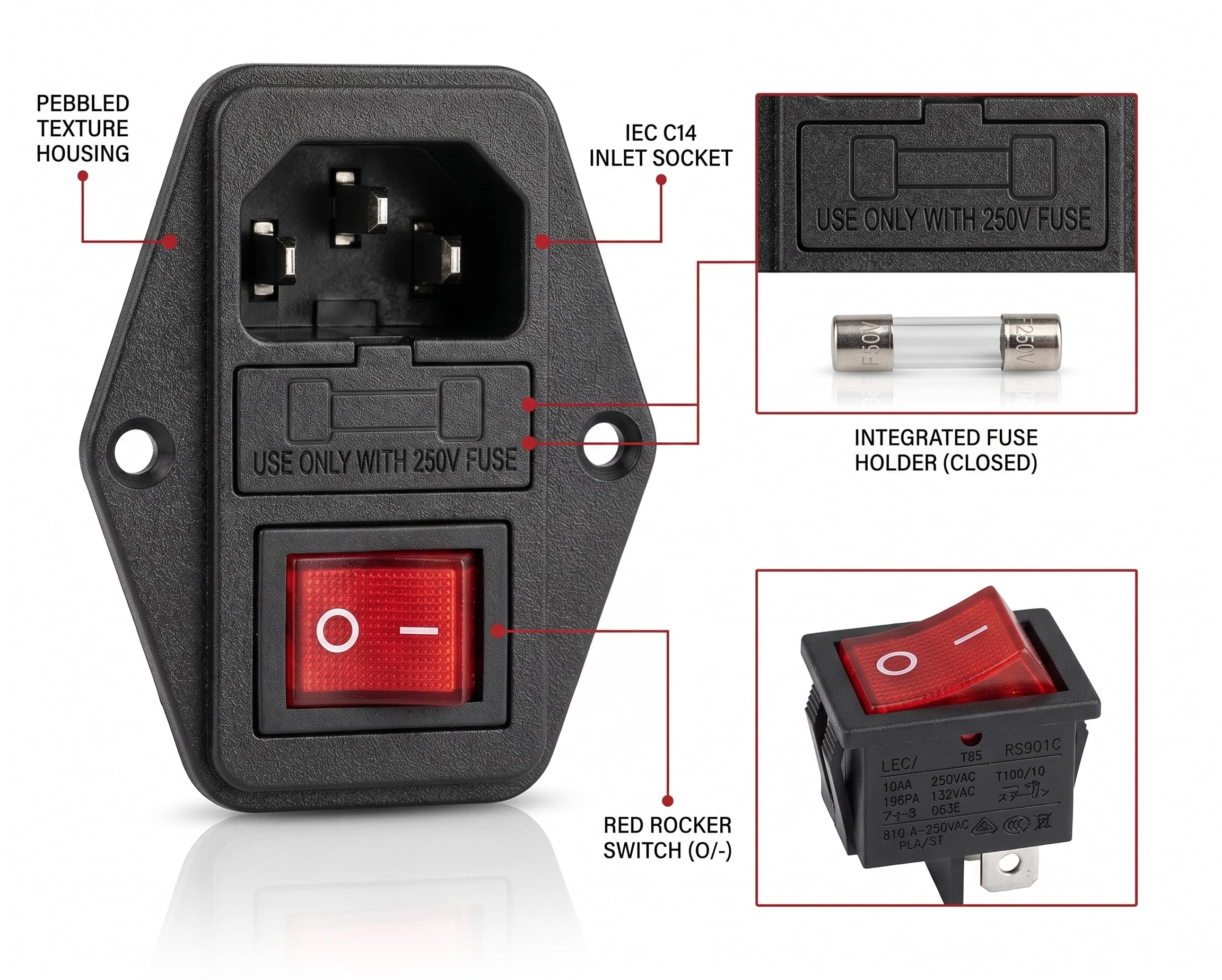 Universal Hub 1PCS IEC320 C15 10A 250V AC Power Socket | 3-Pin Male Panel Mount Inlet Module with 5A Fuse & Rocker Switch - Image 2