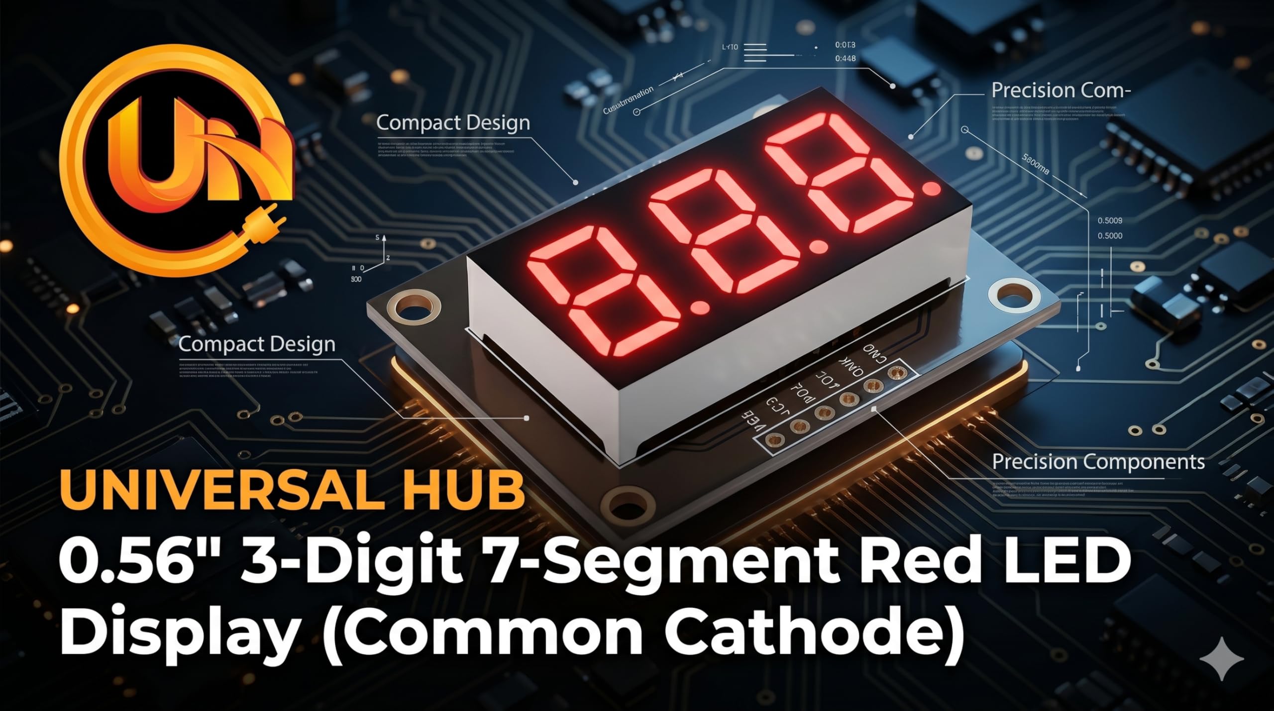 Universal Hub Pack of 10 Piece 3-Digit 7-Segment LED Display 0.56" - Bright Red, Common Cathode, 11-Pin High Intensity Display - Image 4