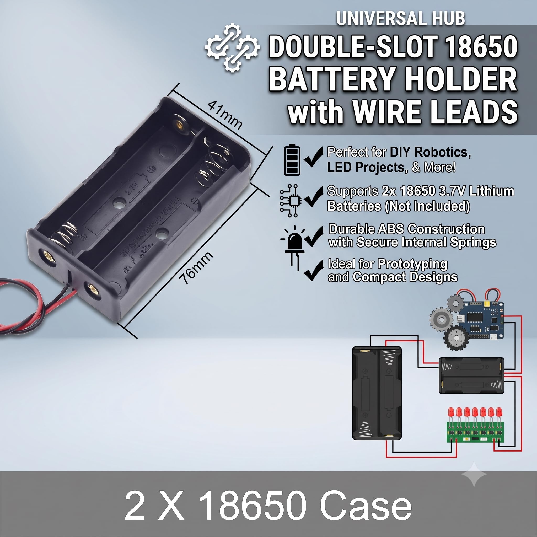 Universal Hub 18650 Battery Holder with Wire Leads, 3.7V Lithium Storage Case for DIY Robotics and LED Projects (Double -Slot) - Image 5