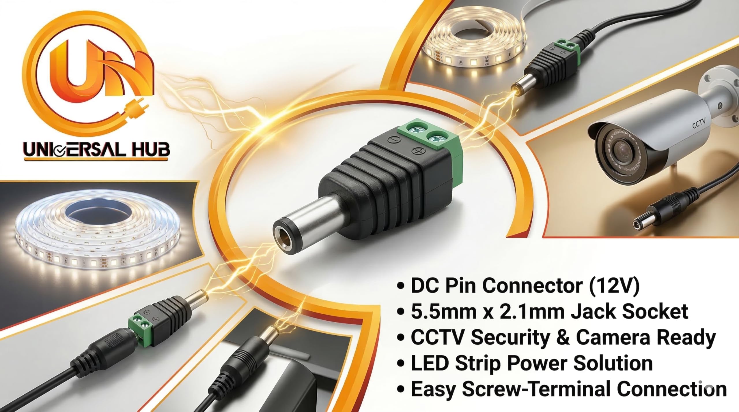 UNIVERSAL HUB 2 Pair DC Power Jack Plug Adapter Connector, 12V, 24V Male + Female 2.1 x 5.5MM Connector Terminal Barrel for CCTV Camera/LED Strip Light, DVR, Car Rearview Monitor System - Image 8